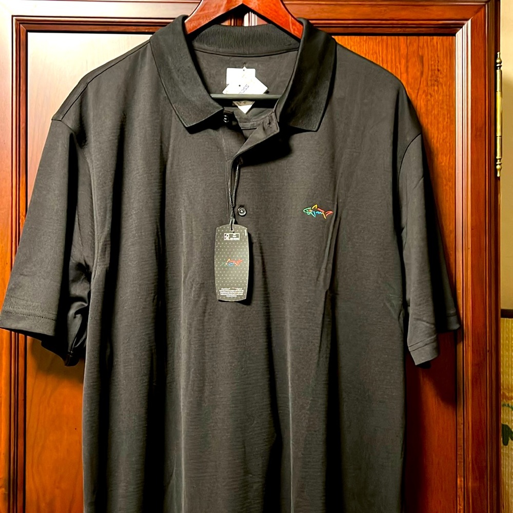 New Greg Norman Shark 🦈 Performance Fabric Classic Black Microfiber Golf Polo!